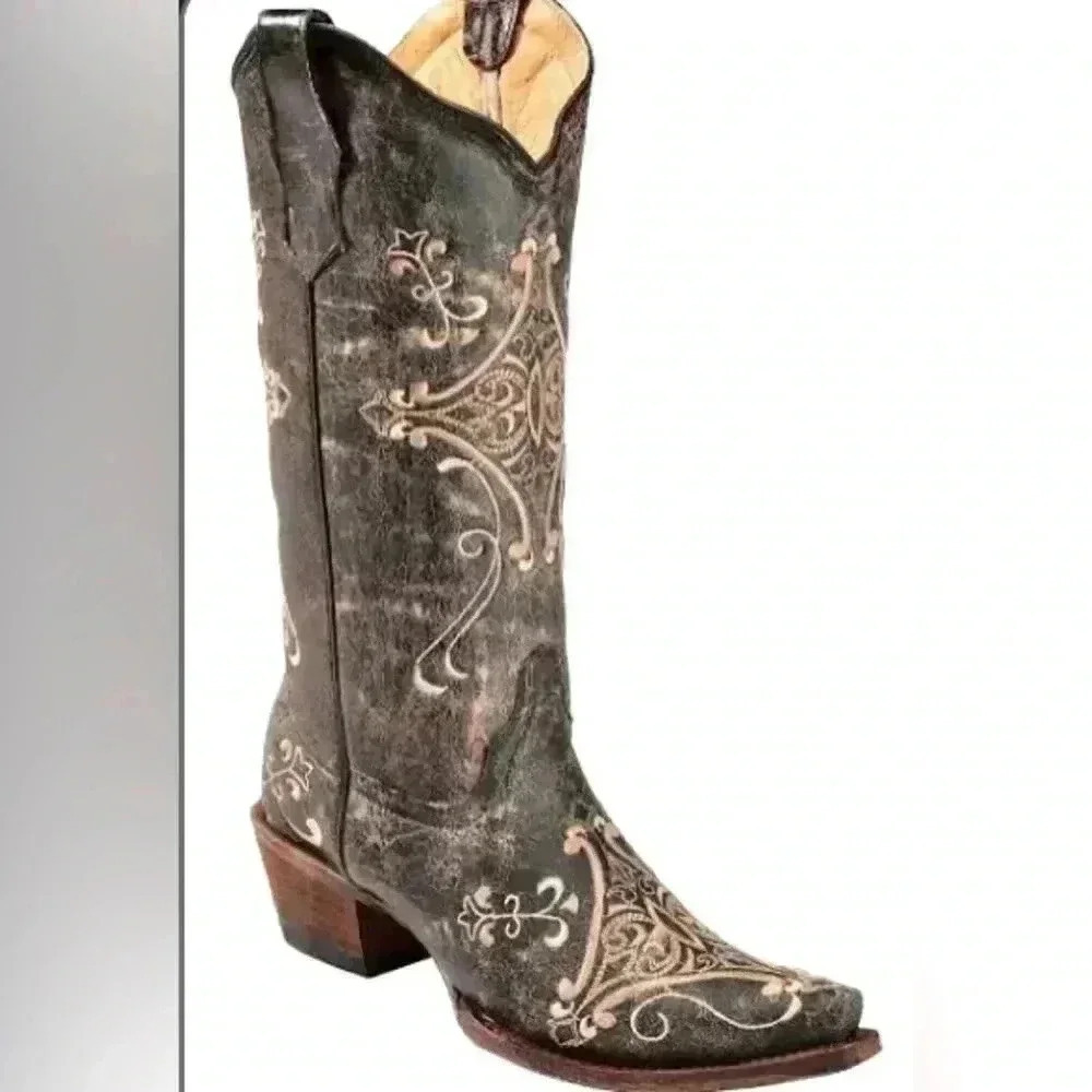 CIRCLE G by Corral WOMEN'S CRACKLE EMBROIDERED WESTERN BOOTS SNIP TOE BLACK